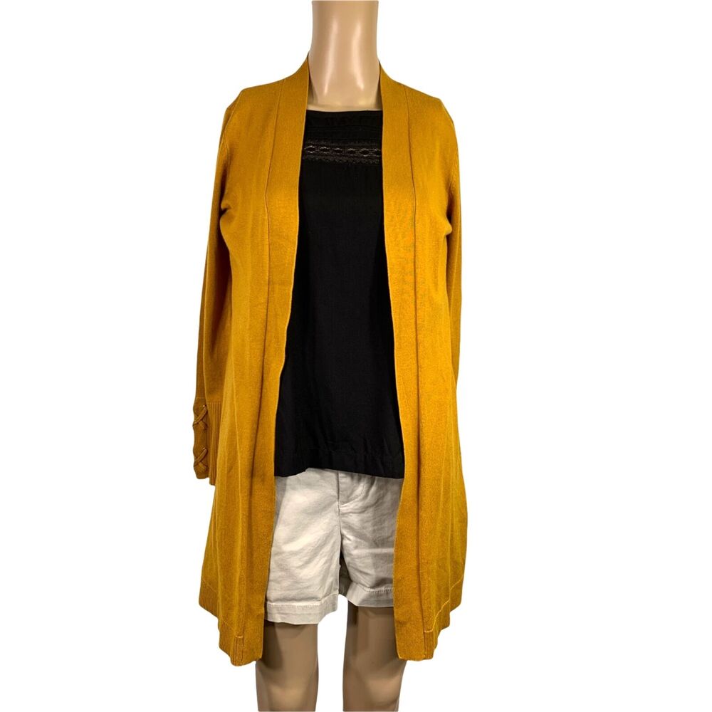 JM Collection Womens Cardigan Sweater Duster Laced Cuff Open Mustard 0 Petite